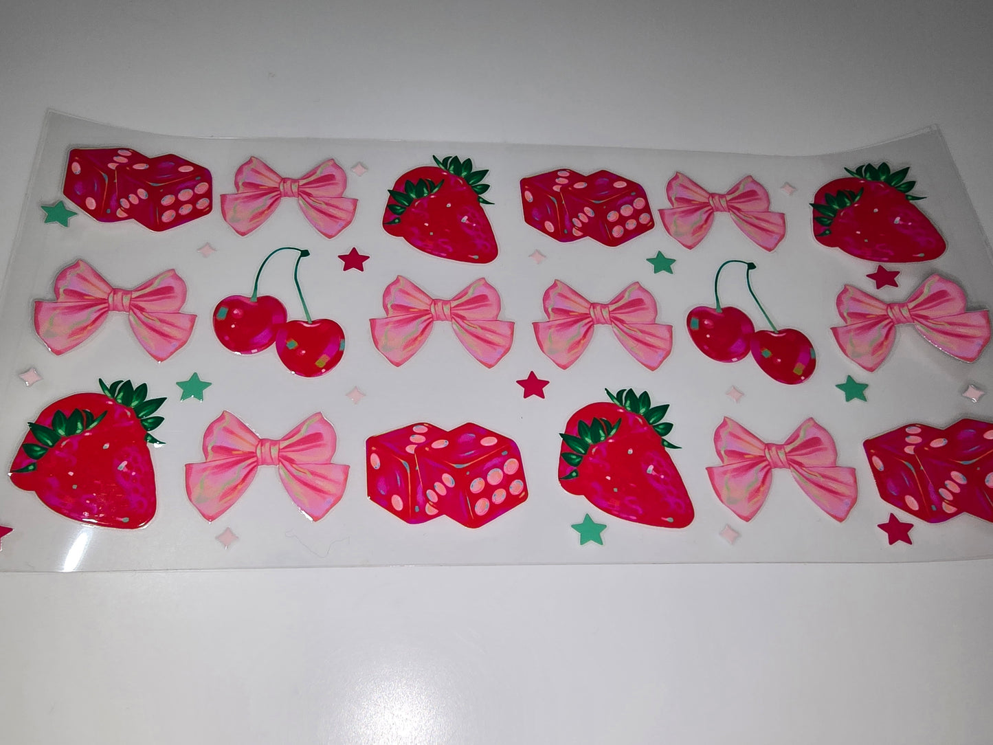 Coquette bows, strawberries, cherries, dice