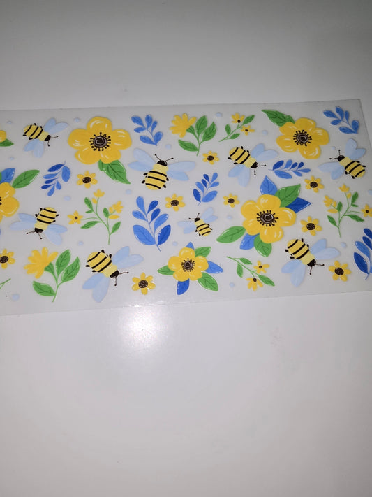 Yellow flowers, bees, blue leaves