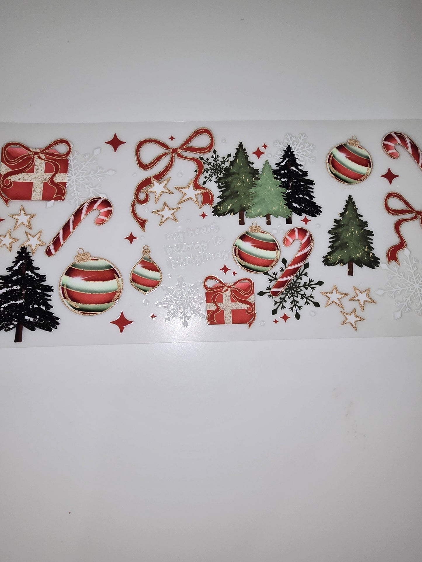 "My heart belongs to Christmas" (in white writing on the wrap)