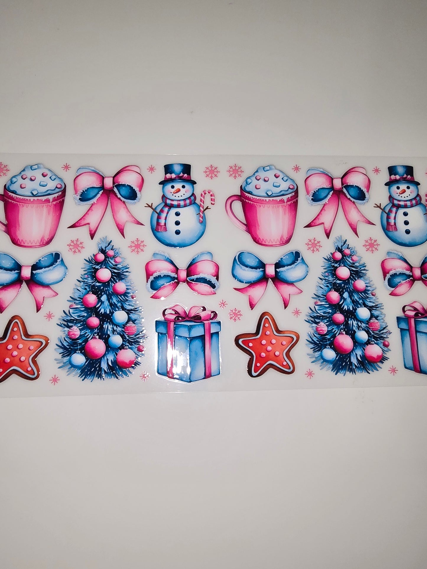 Pink coffee, bows, snowmen