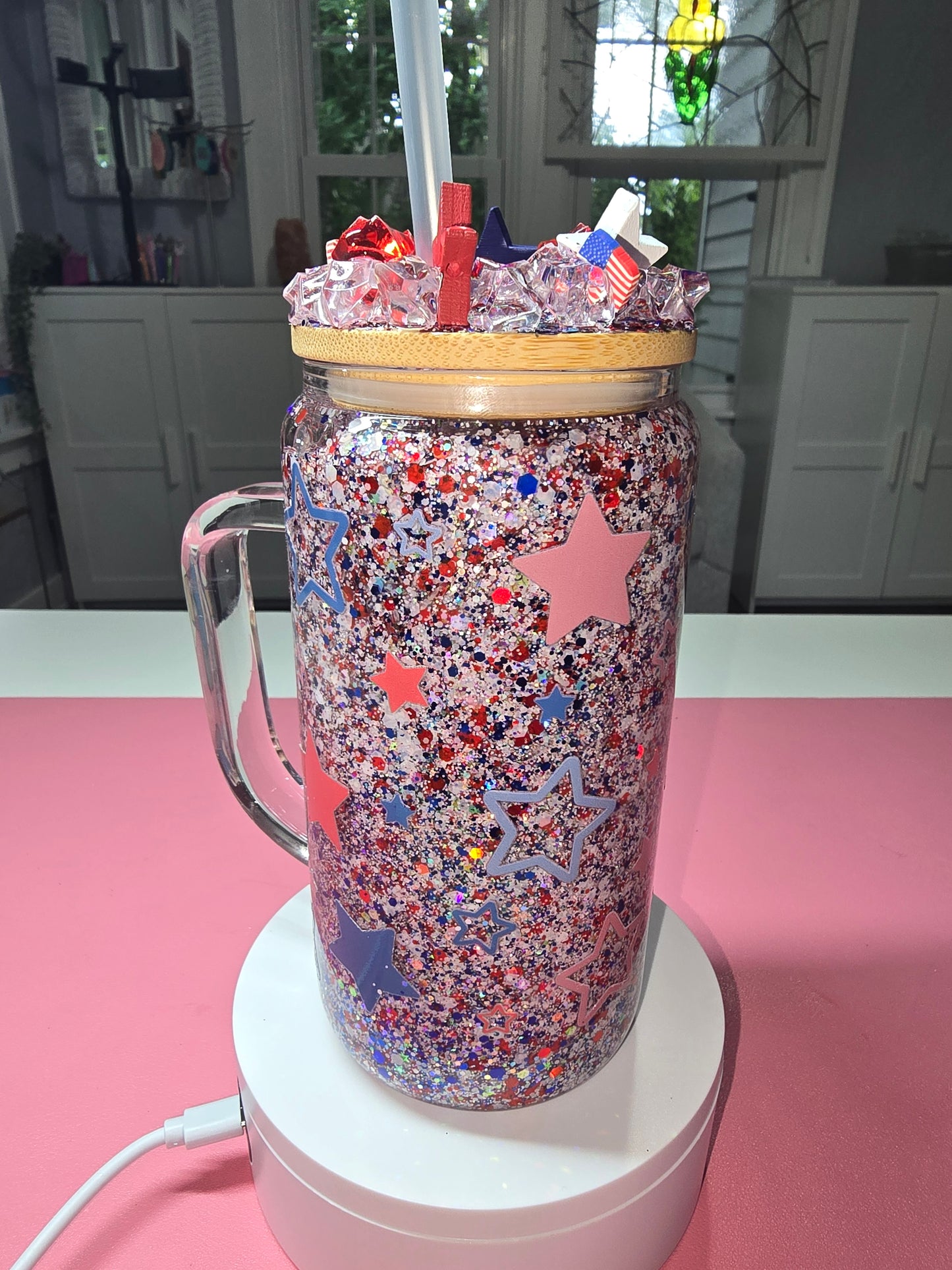 Red, White, & Blue 16 oz glass tumbler