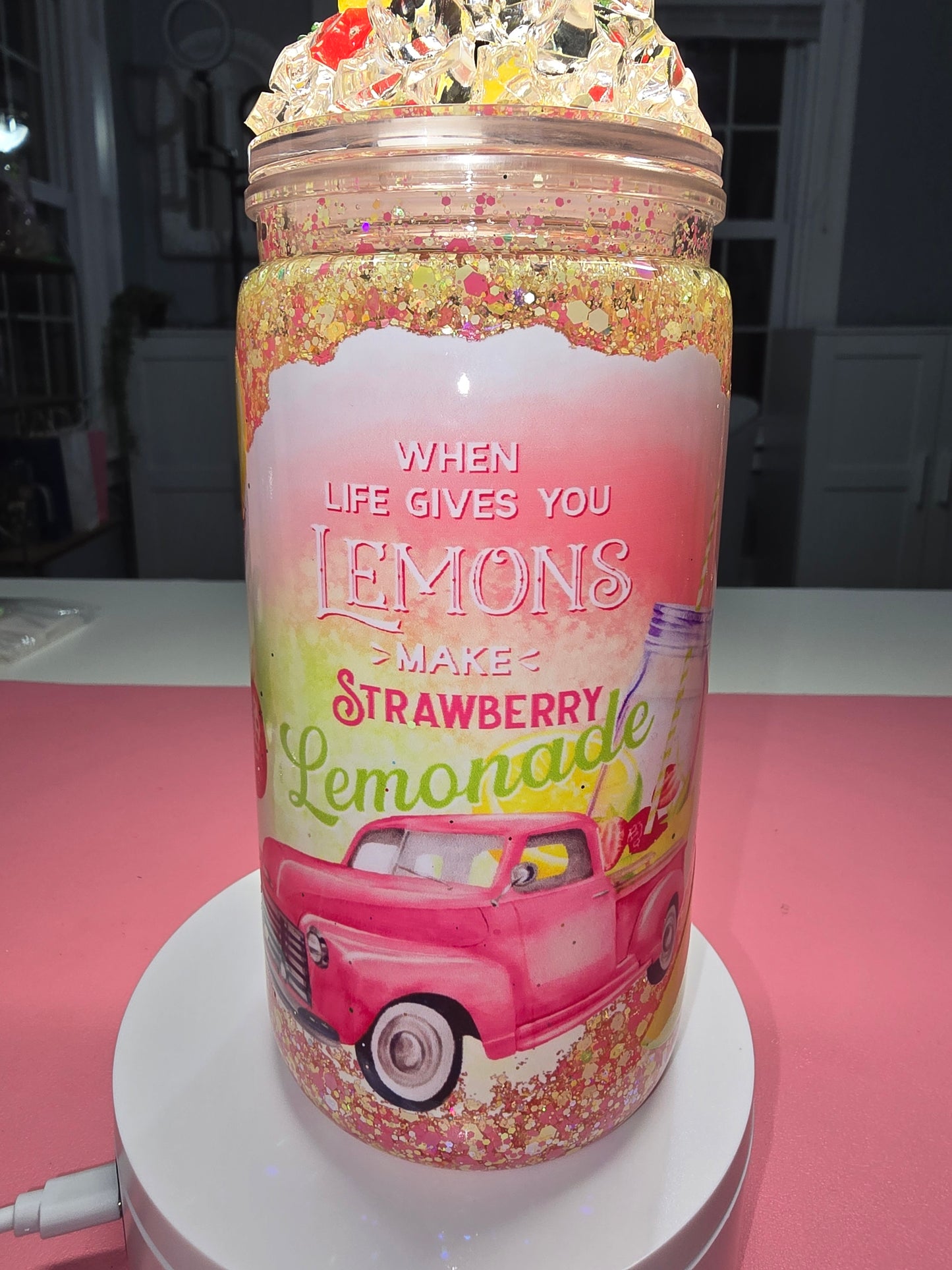 Strawberry Lemonade, 16oz Acrylic Cup with decorated lid